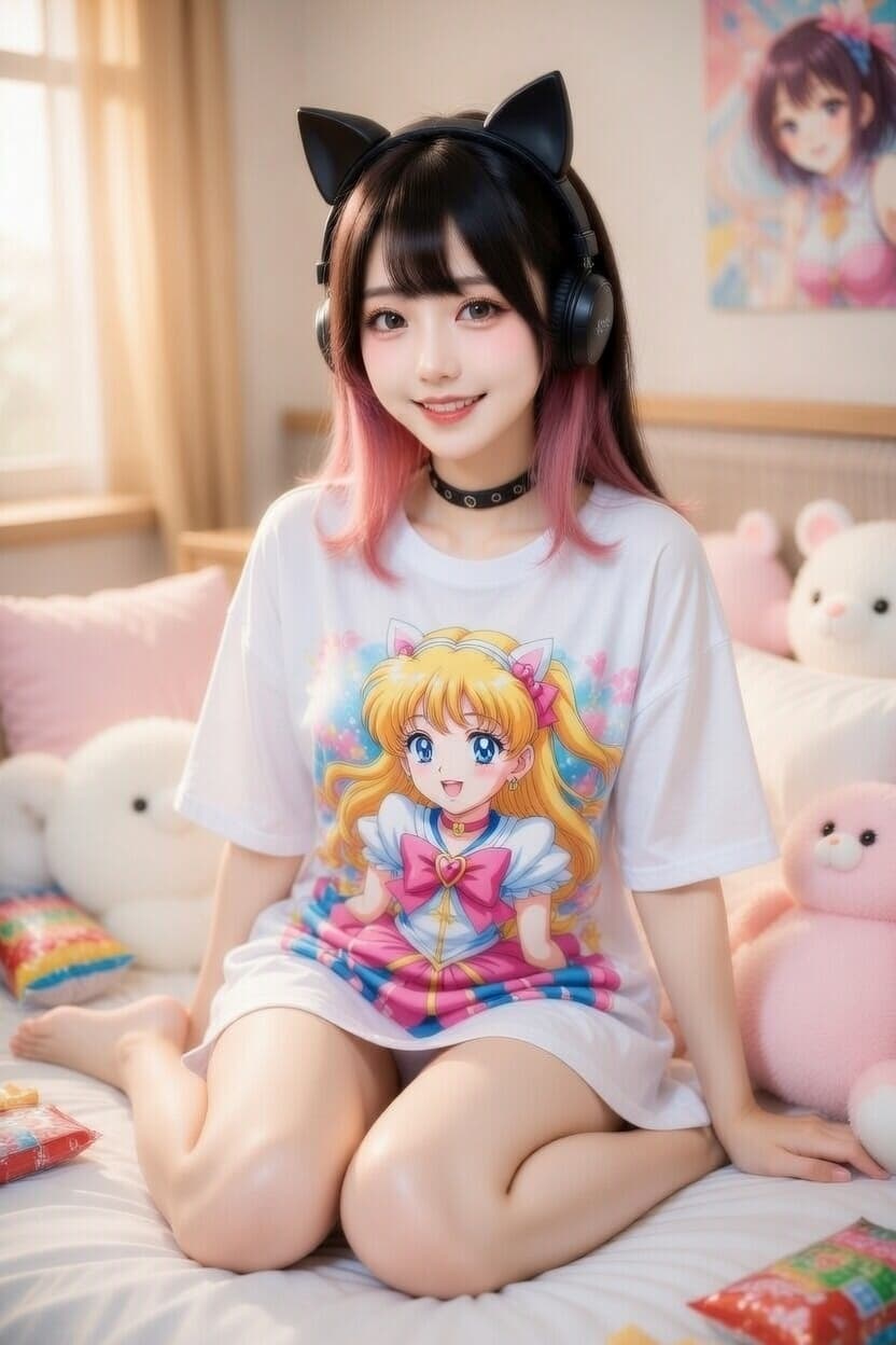 A playful young woman with pink-tipped hair and cat ears sits on her bed surrounded by plush toys, wearing an oversized anime graphic tee.