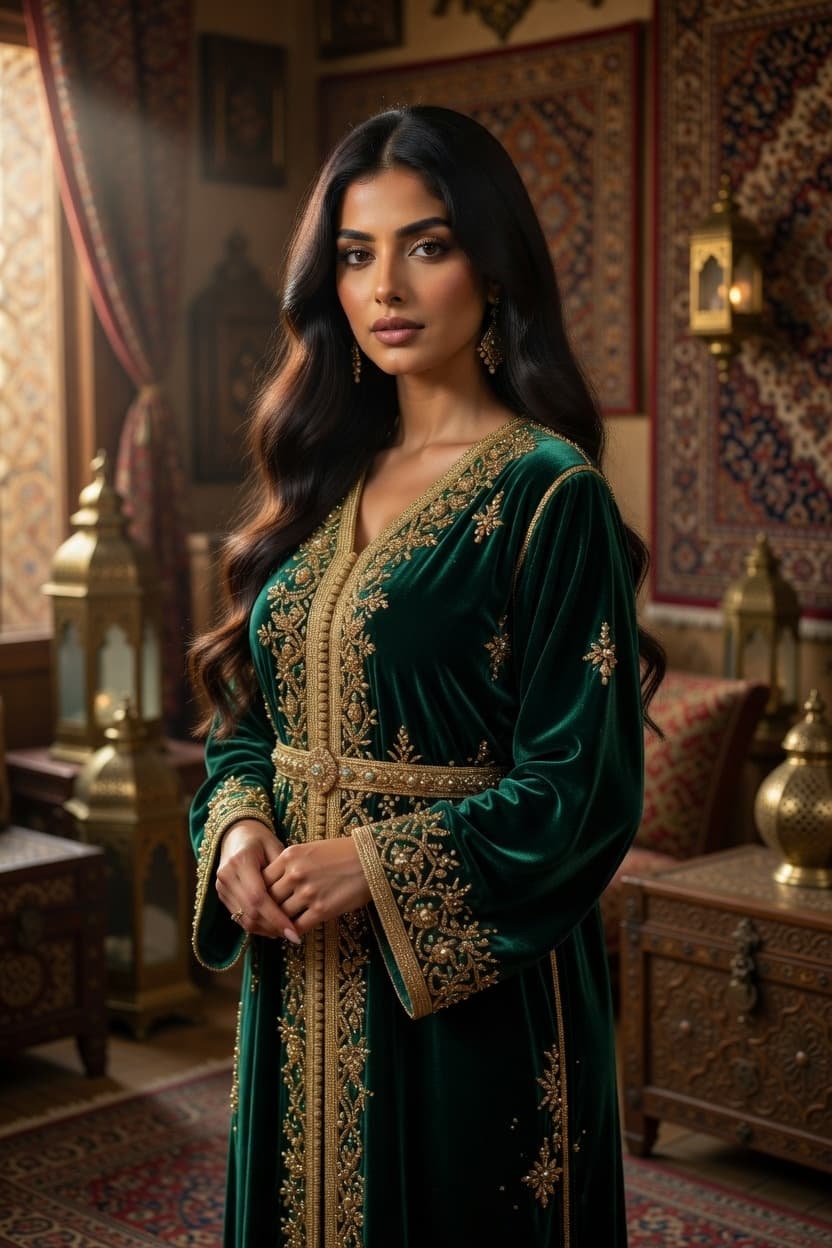 A poised woman in an ornate emerald green velvet gown stands gracefully in a richly decorated room.