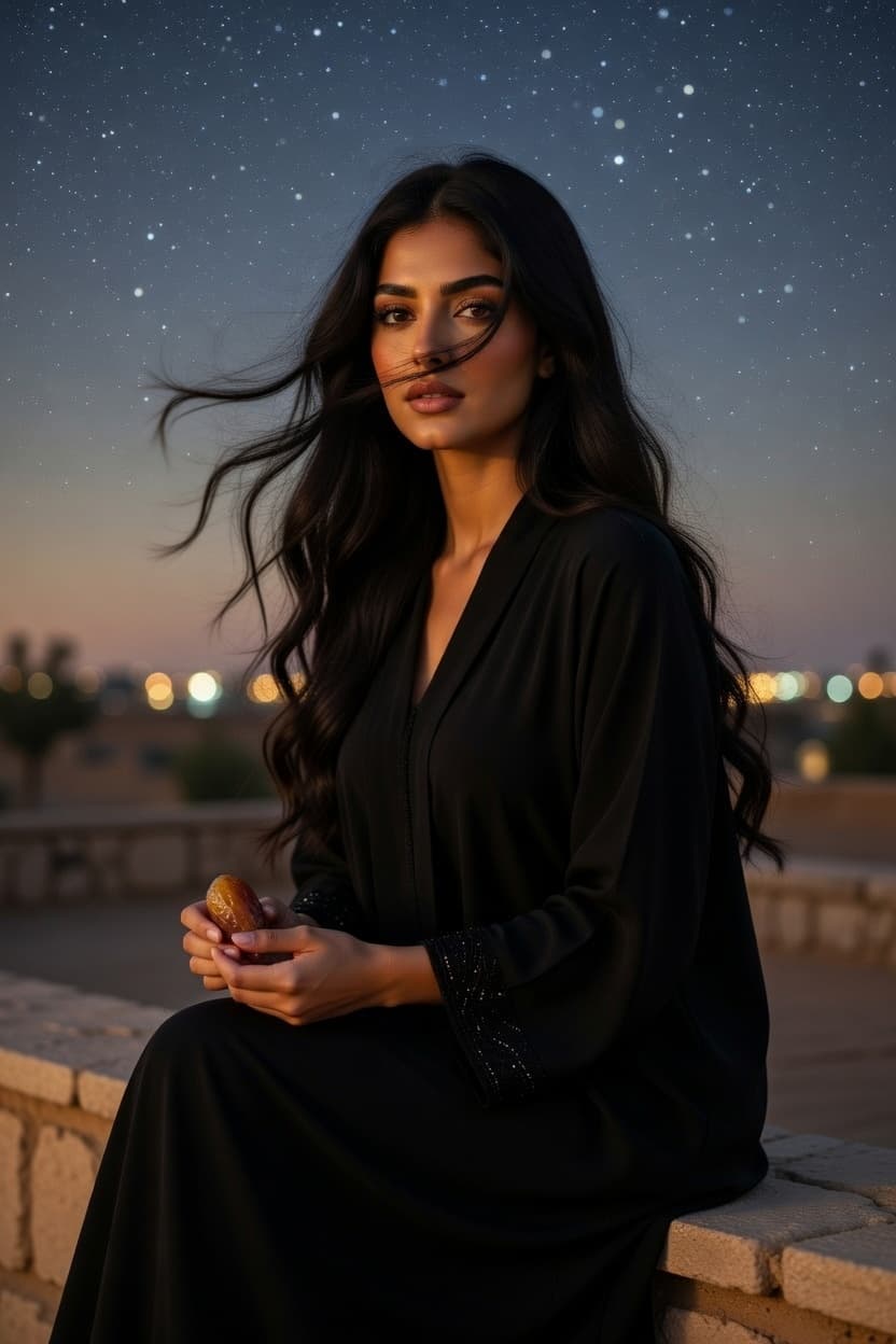 A striking woman in a flowing black dress sits on a stone ledge under a starry twilight sky, her hair gently blowing across her face.